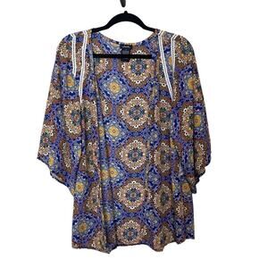 Justify Open Kimono Printed with Crochet Trim Elbow Sleeve Blue Yellow Large